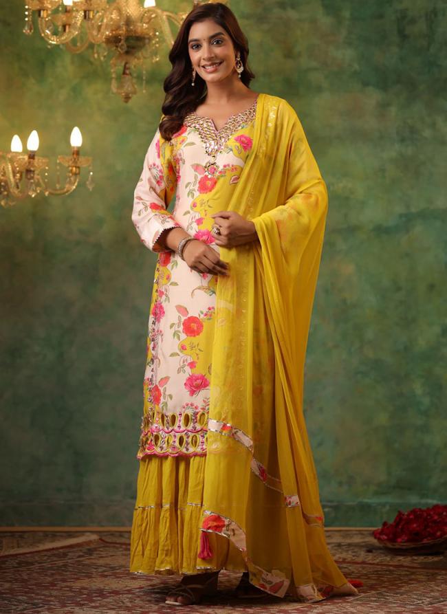 Muslin Yellow Wedding Wear Gotta Pati Work Readymade Gharara Suit